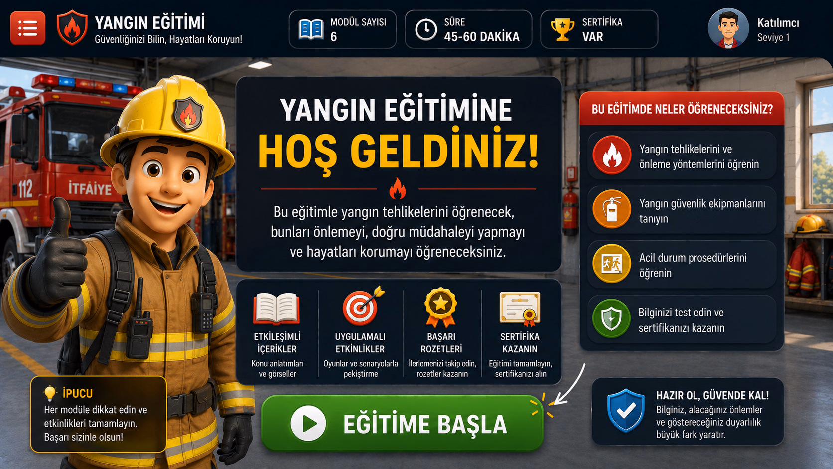 Yangın eğitimi karşılama ekranı