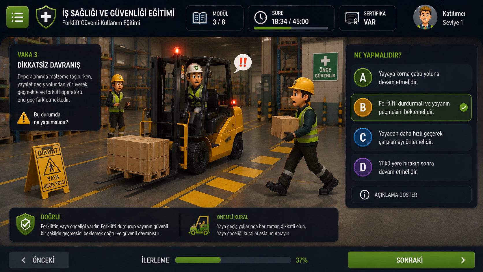 İSG forklift güvenli kullanım vaka ekranı