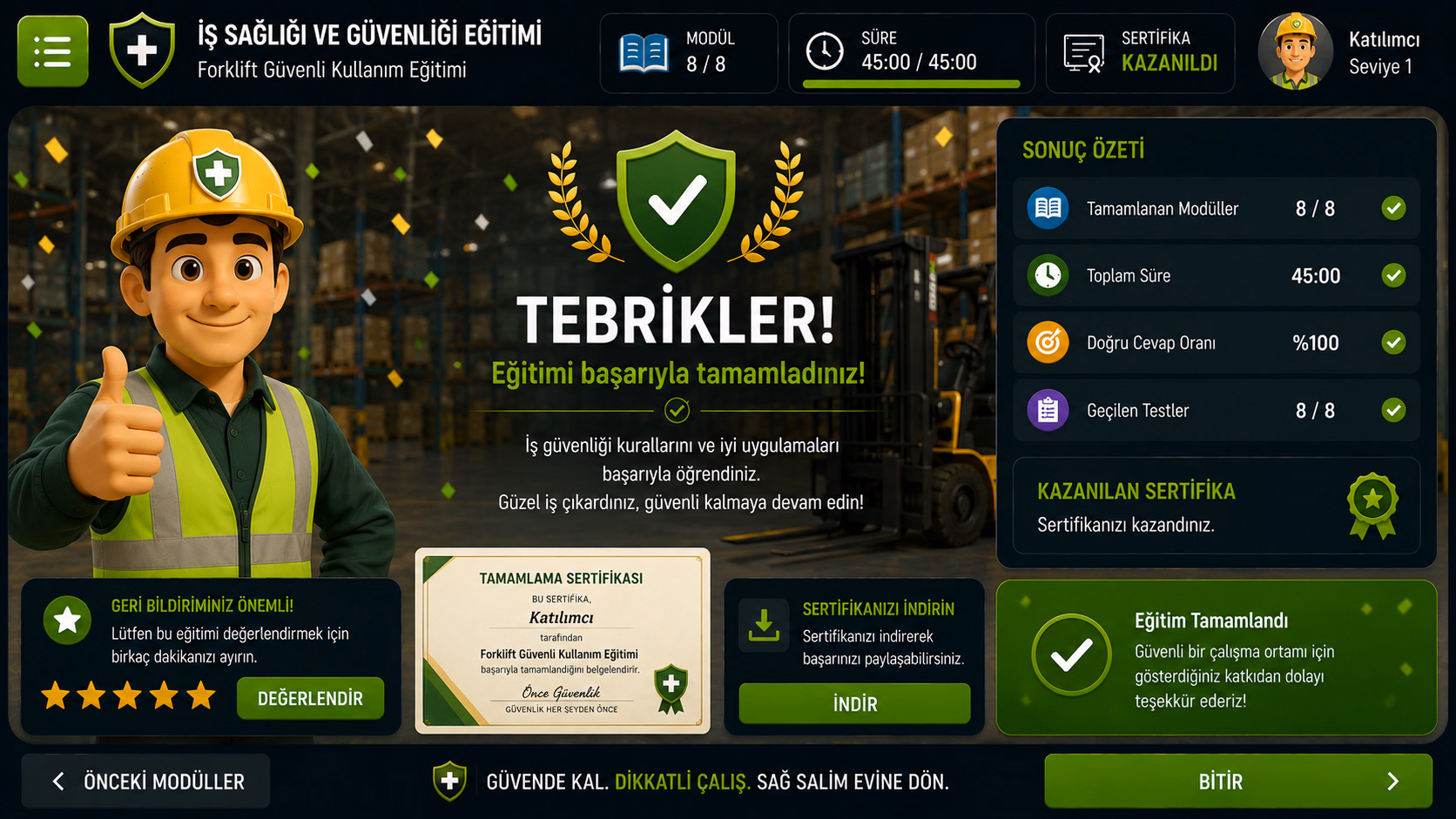 İSG eğitimi sertifika ve sonuç özeti ekranı