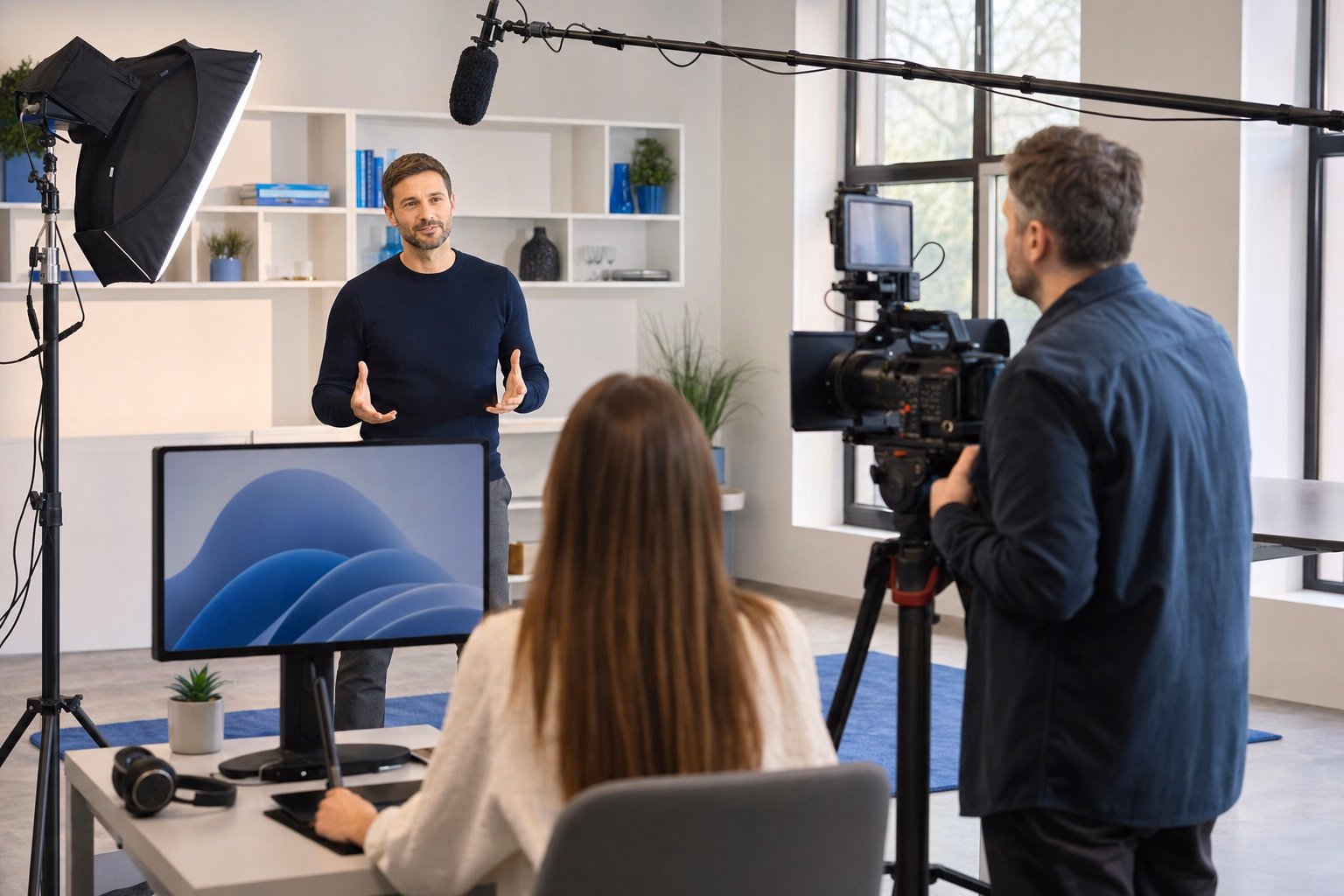A professional production team preparing a training video