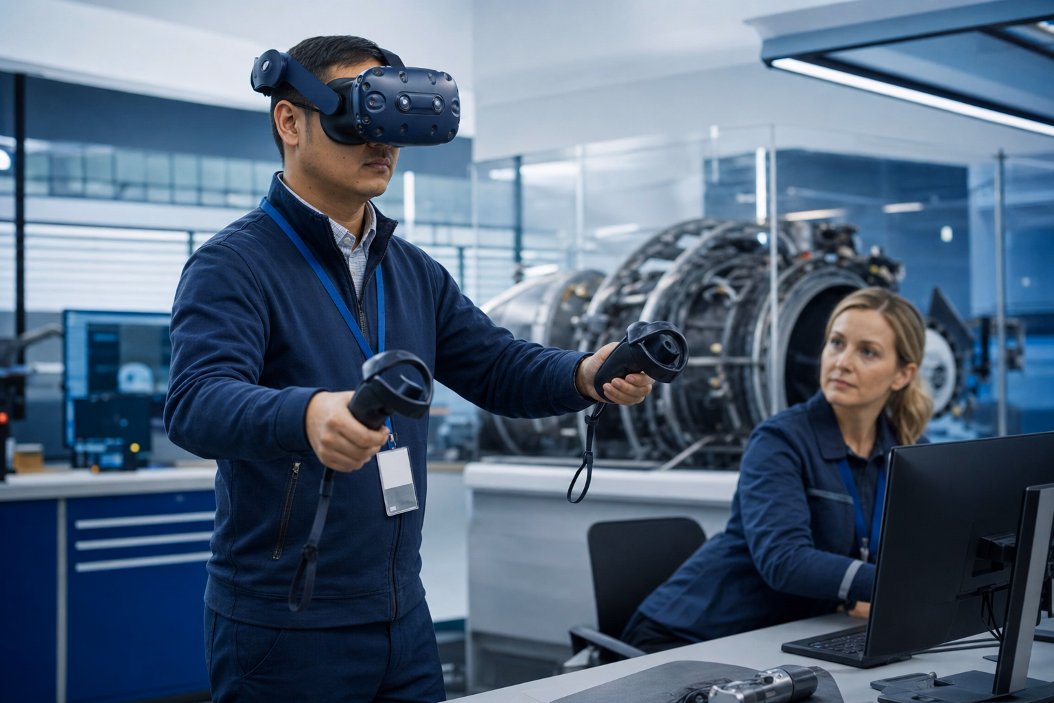 A technical employee taking safe equipment training with a VR headset