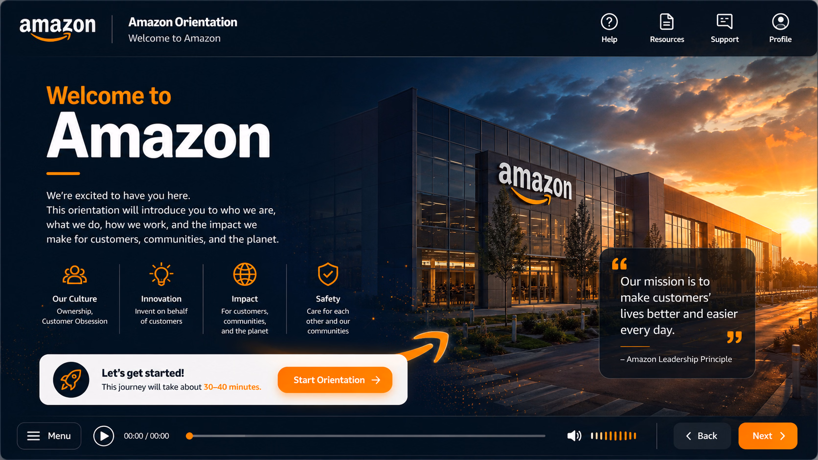 Amazon employee onboarding training opening screen