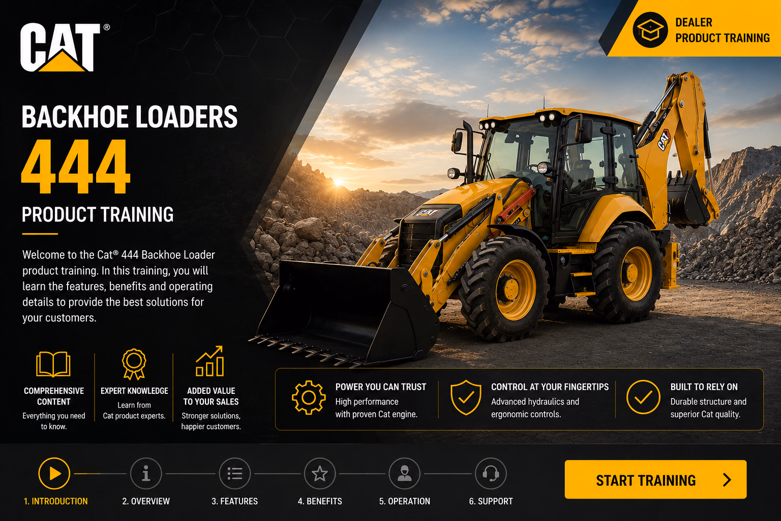 CAT 444 backhoe loader product training screen