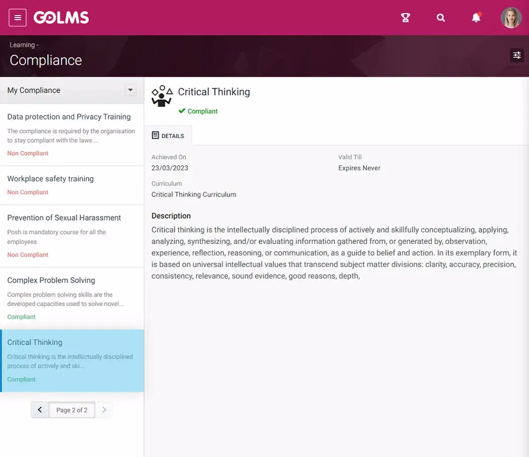 Compliance training screen