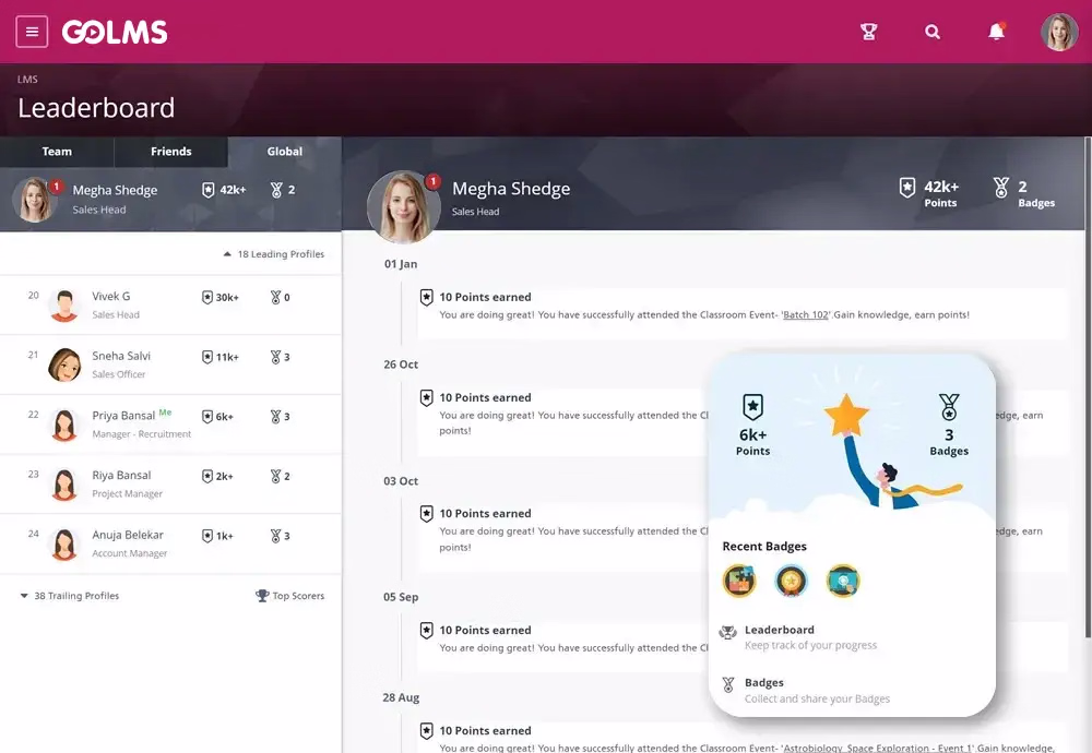 GOLMS gamification screen