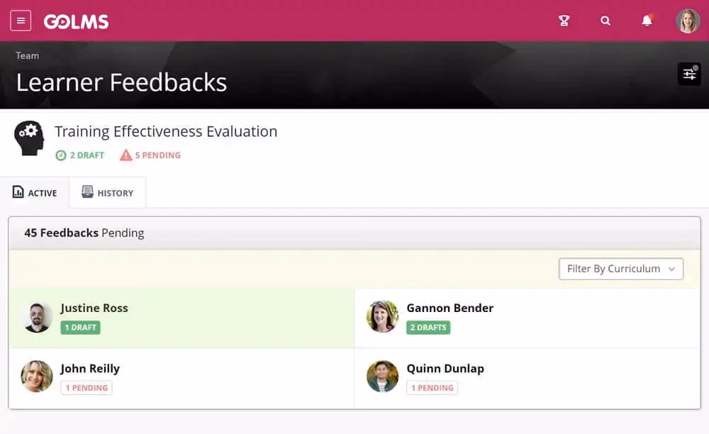 GOLMS manager feedback screen