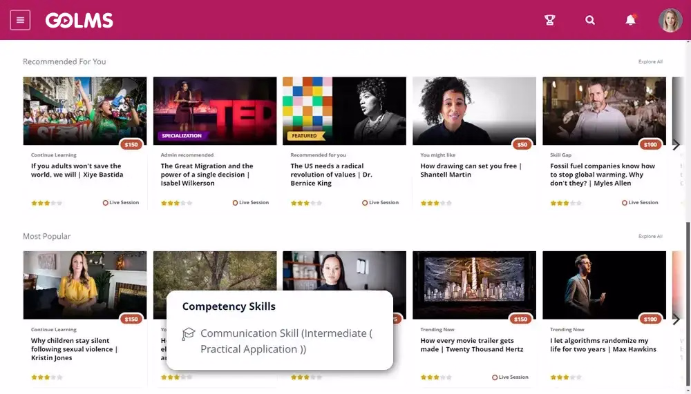 GOLMS personalized learning screen