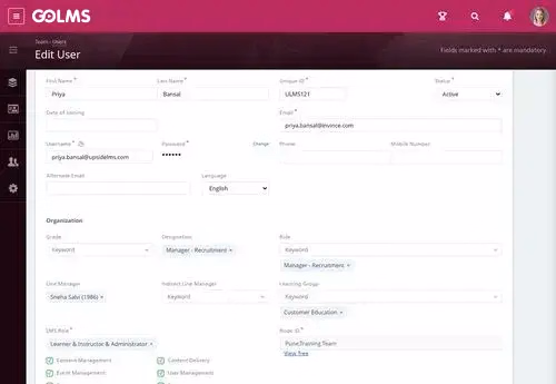 GOLMS roles and permissions screen