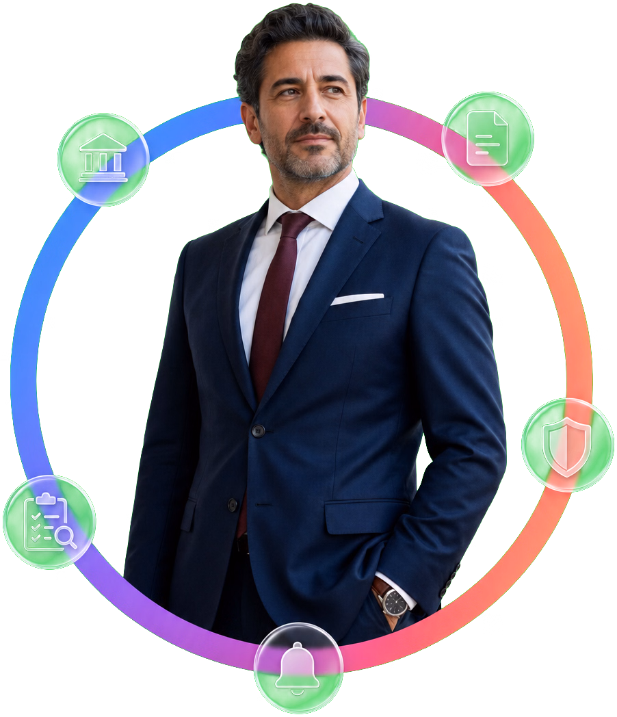 Finance professional surrounded by banking and compliance icons