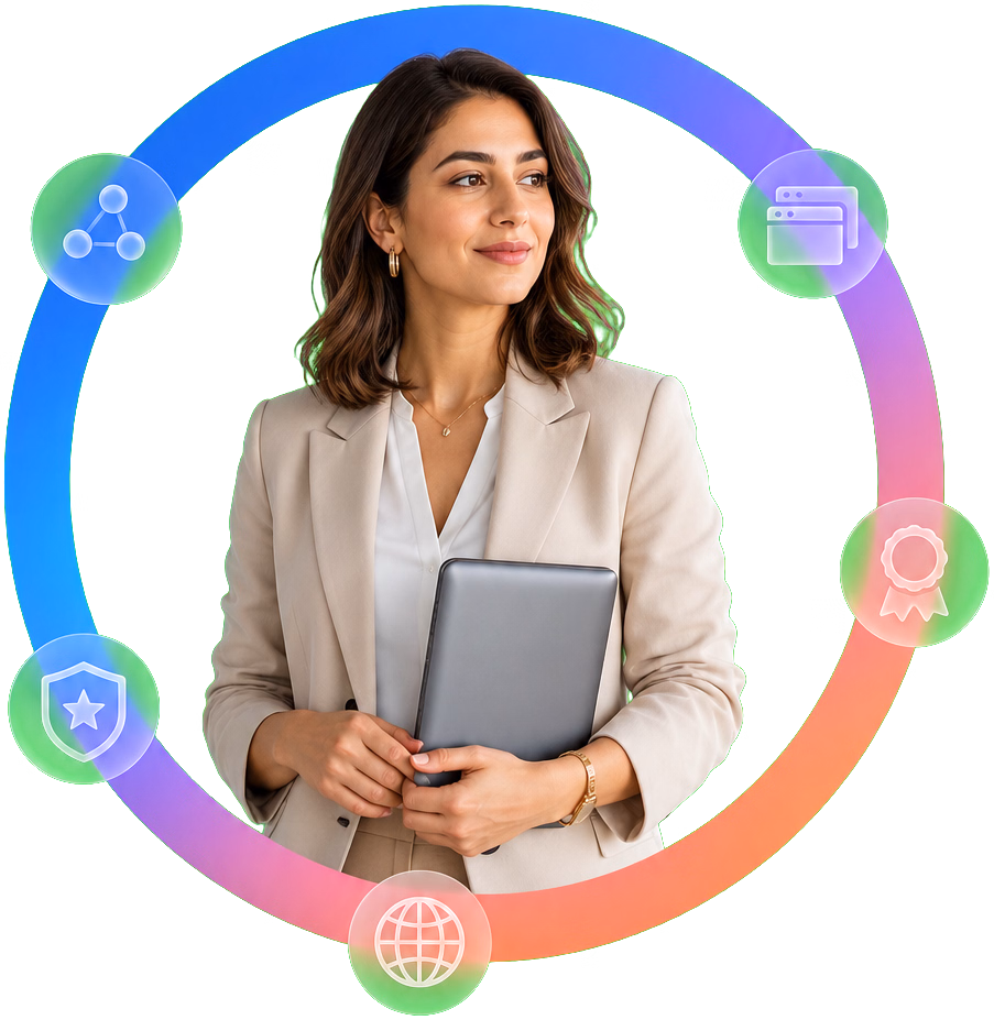 Partner manager surrounded by network and global reach icons