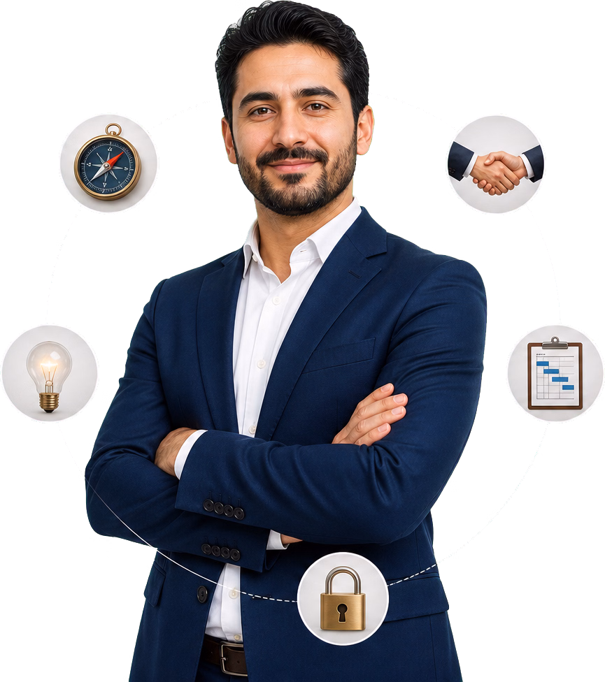 Consultant surrounded by leadership, client, project, insight and security icons