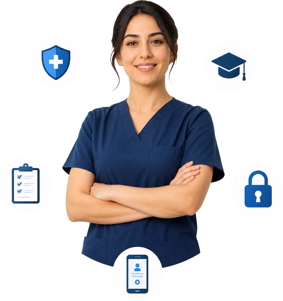 Healthcare professional surrounded by icons of clinical training, audits, security, and mobile learning
