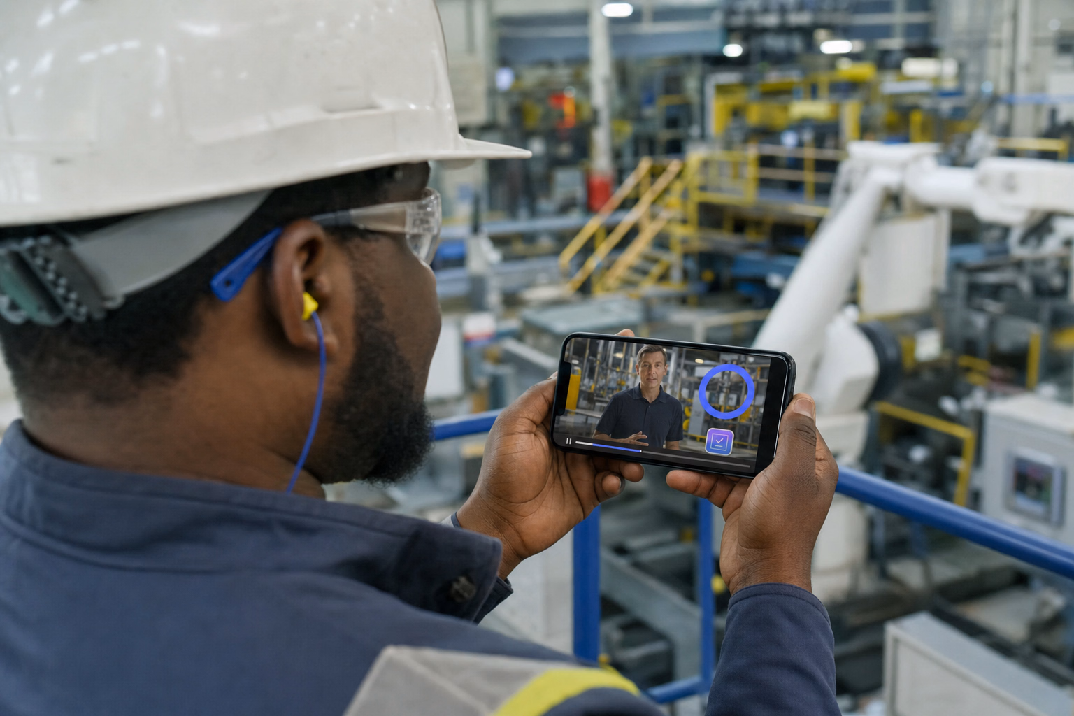 Manufacturing worker taking mobile training during a shift