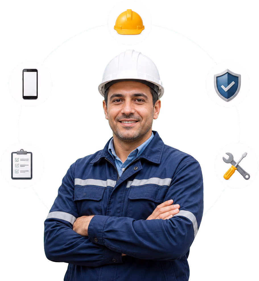 Manufacturing professional surrounded by icons of hard hat, safety, craftsmanship, mobile device and SOP