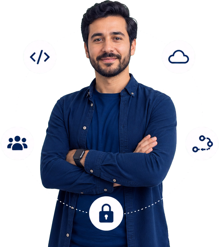 Software professional surrounded by code, cloud, learning path, team and security icons