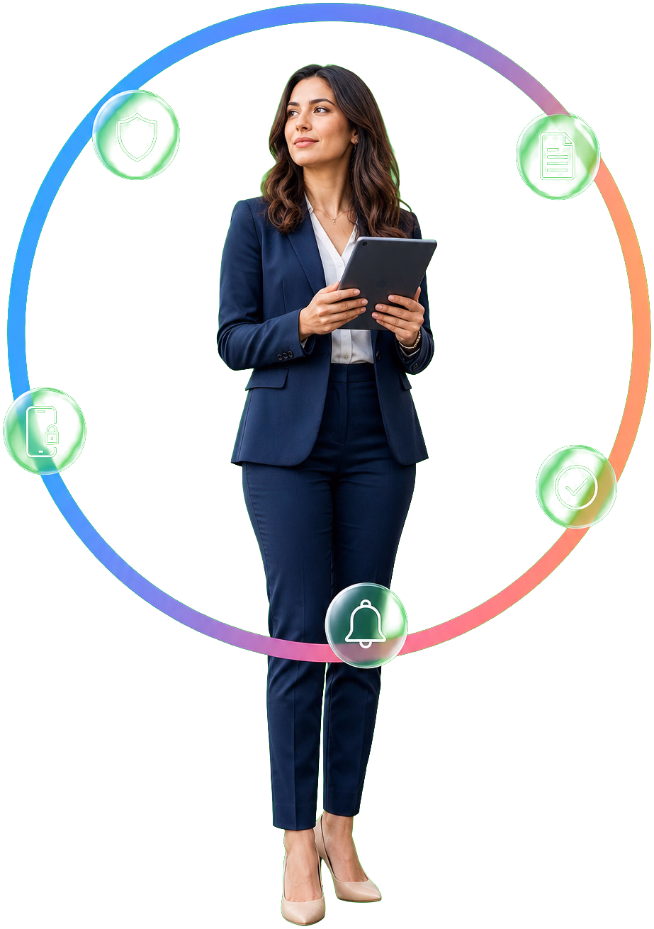 Compliance expert surrounded by compliance and security icons