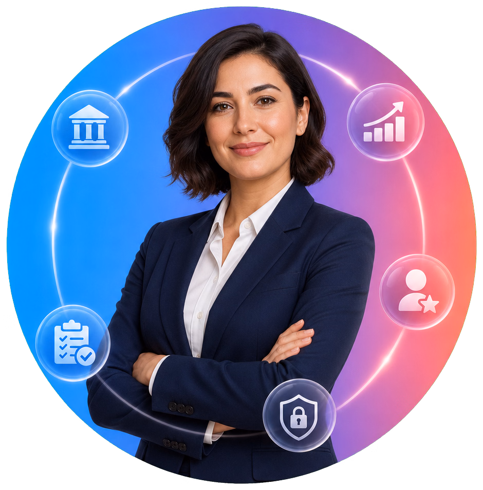 Banking professional surrounded by bank, financial chart, role, compliance, and security icons