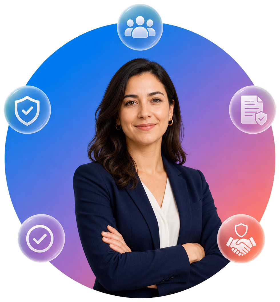 HR and compliance professional surrounded by icons of people, shield, policy, approval, and safe culture
