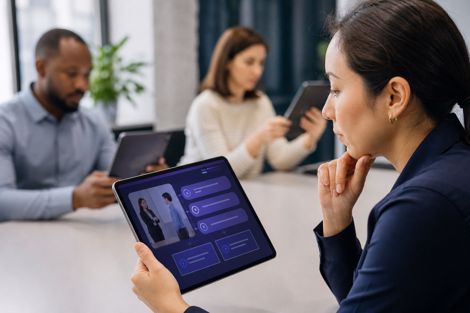 Employees collaborating in an interactive compliance workshop