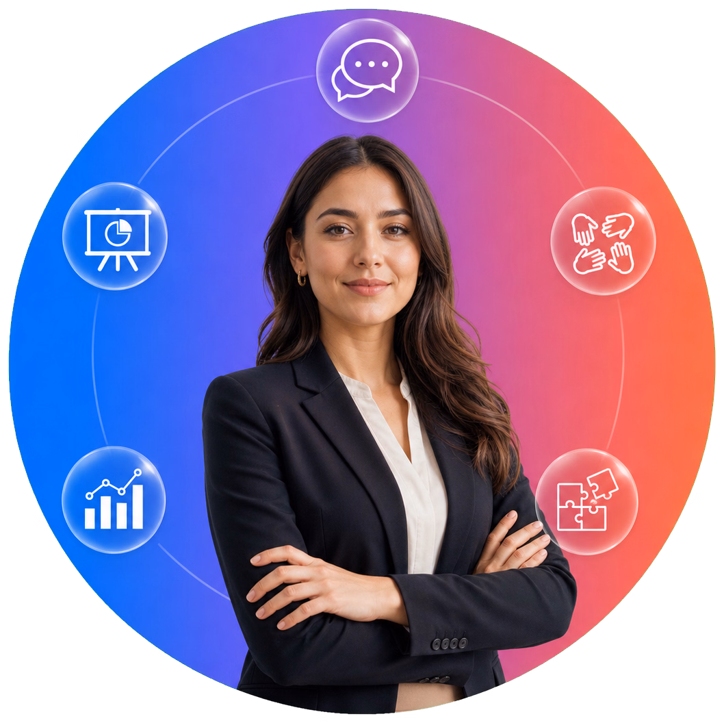 Business professional surrounded by communication, presentation, analysis, collaboration and problem-solving icons