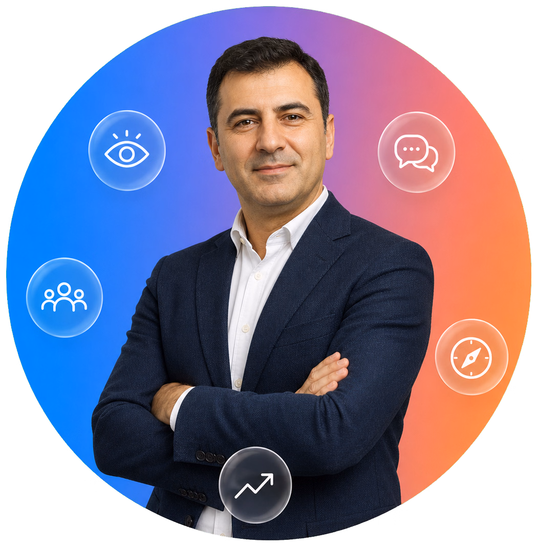 Vizyon, ekip, koçluk, karar ve büyüme ikonlarıyla çevrili lider