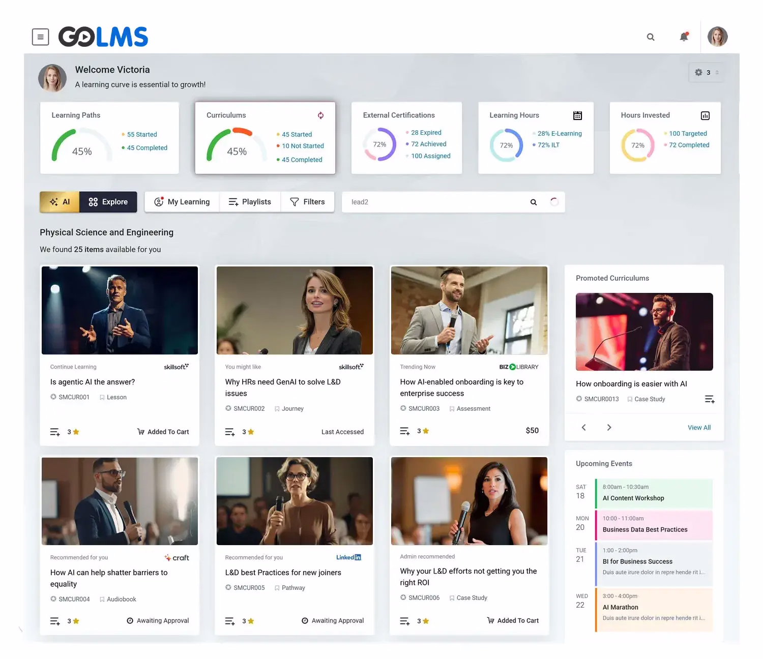 GOLMS admin dashboard — training operations on a single screen
